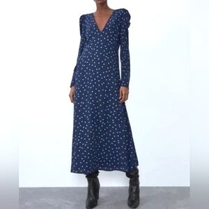 Zara Neverending Wrap Midi Dress Size Large Blue Polka Dots Puffed Sleeves Work